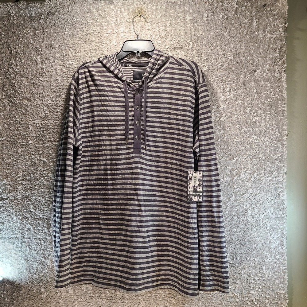 Hurley Long Sleeve Hoodie Shirt Men Striped Gray Cotton Large Casual Outdoor NWT